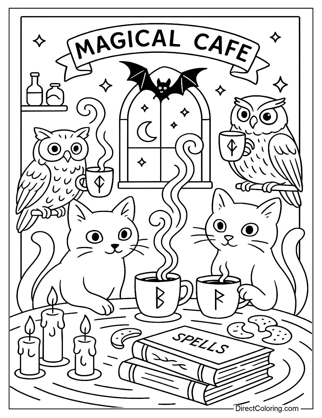Magical cafe with animals such as cats, owls, and bats, drinking coffee coloring page
